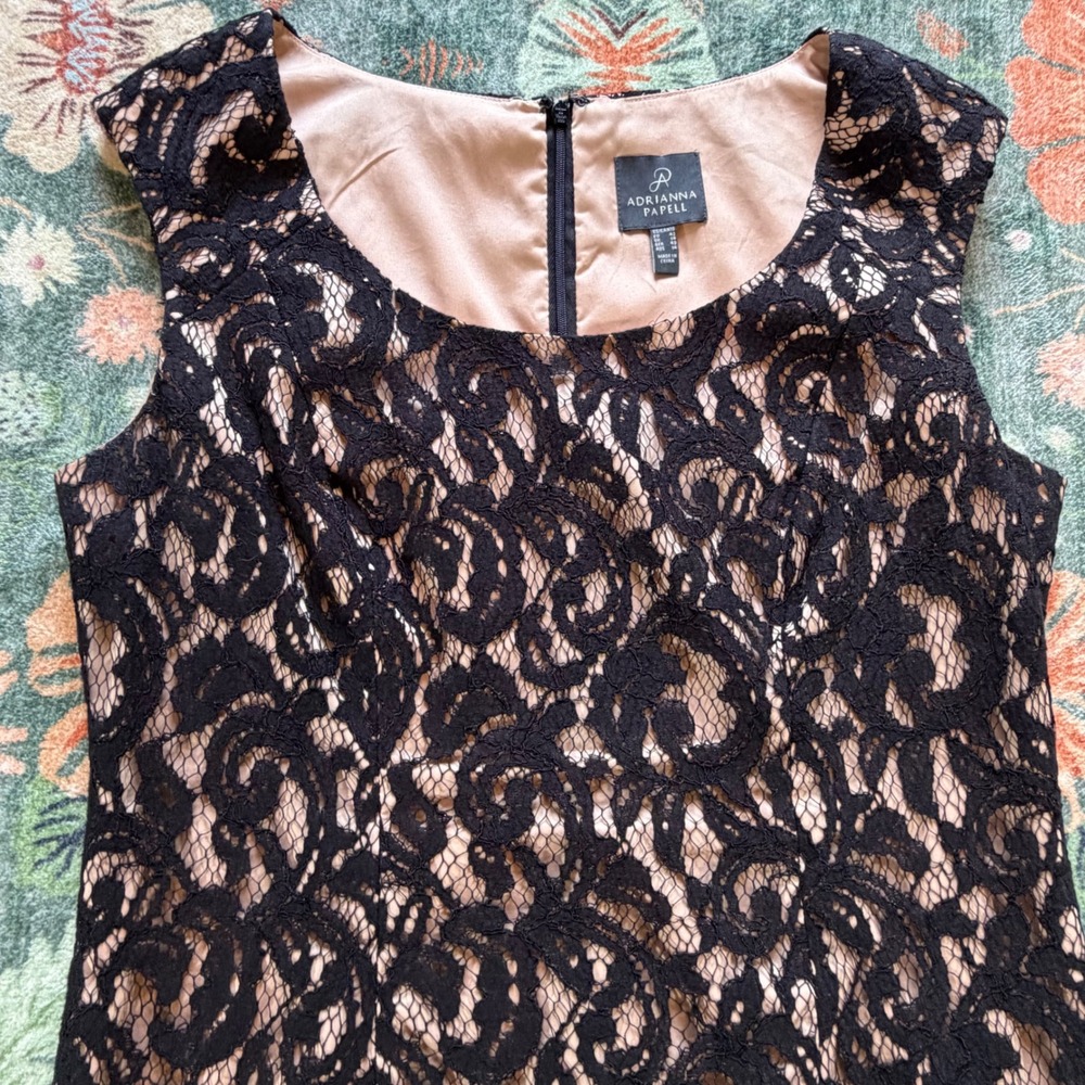 Adrianna Papell Black Lace Sheath Dress Champagne Lining Size 10 Cocktail Formal